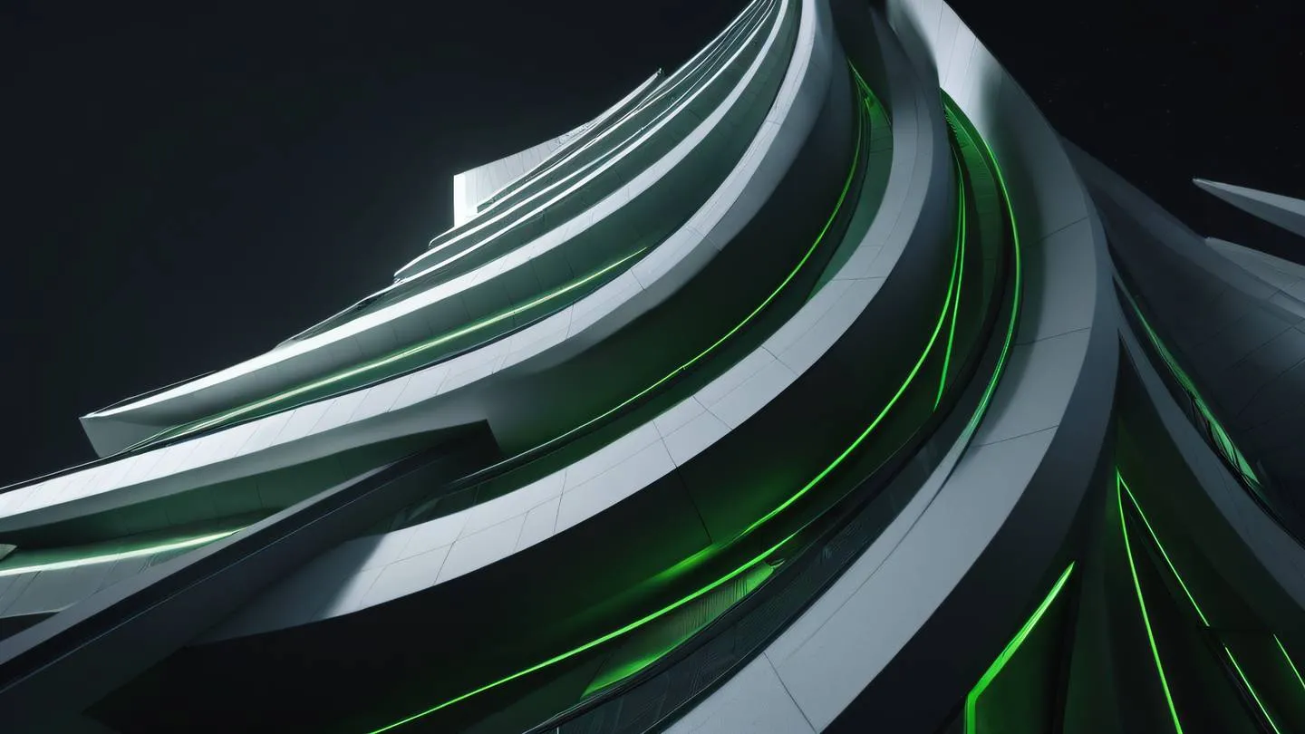 A modern geometric abstract architectural structure with flowing curves and sharp angles composed primarily of bright white and neon green elements against a dark background. Shot from a low angle perspective looking up emphasizing the towering presence. high-quality ultra-realistic cinematic 8K UHD high resolution sharp and detail