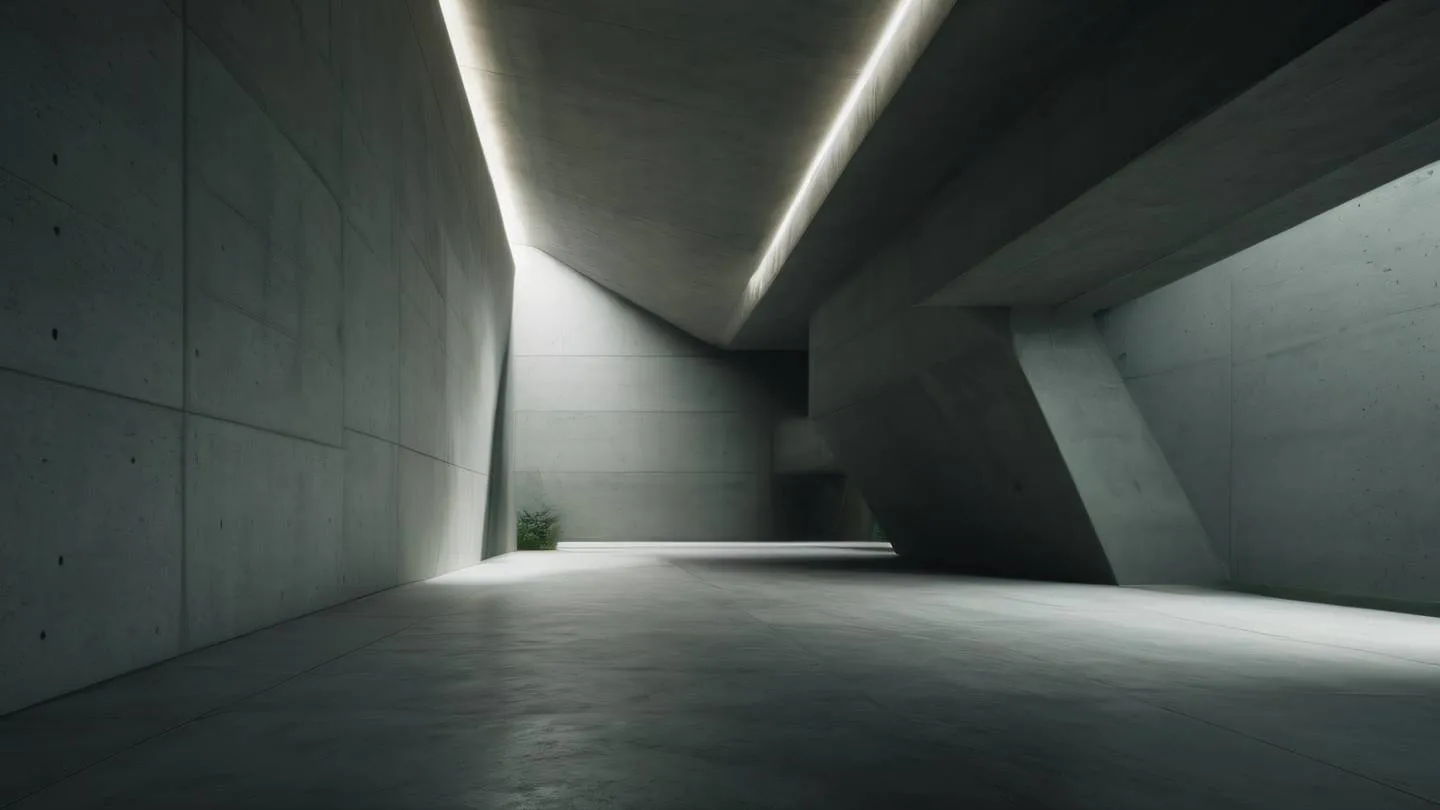 Modern architectural interior with smooth concrete surfaces and dramatic lighting featuring dark green and gray tones. Captured from a diagonal perspective showing depth and scale. high-quality ultra-realistic cinematic 8K UHD high resolution sharp and detail