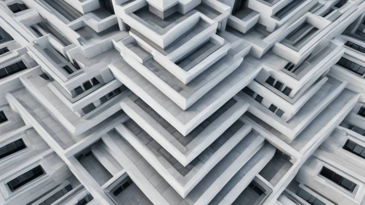 Abstract architectural composition featuring repeating geometric patterns and sharp lines in bright stone white and light gray colors photographed from an aerial perspective looking down. high-quality ultra-realistic cinematic 8K UHD high resolution sharp and detail