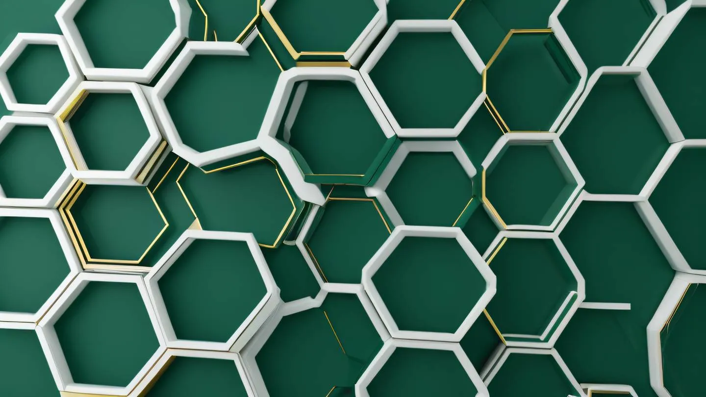 A modern minimalist geometric composition featuring interconnected hexagons and lines emerald green and white color scheme with subtle golden highlights captured from a top-down perspective high-quality ultra-realistic cinematic 8K UHD high resolution sharp and detail