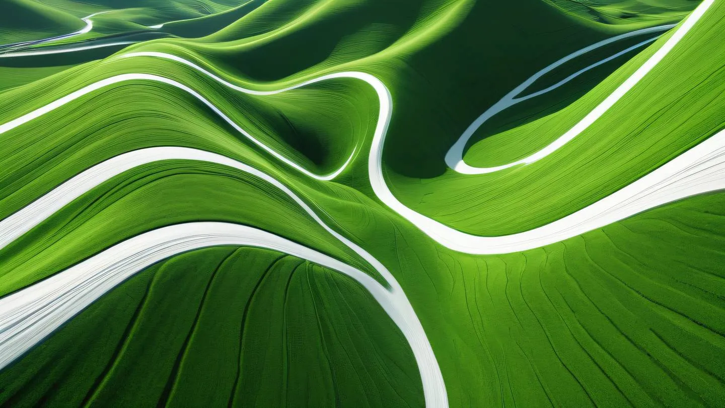 Abstract landscape with flowing lines and curves bright green and white colors with black accents featuring organic shapes suggesting movement and flow captured from a bird's eye view high-quality ultra-realistic cinematic 8K UHD high resolution sharp and detail