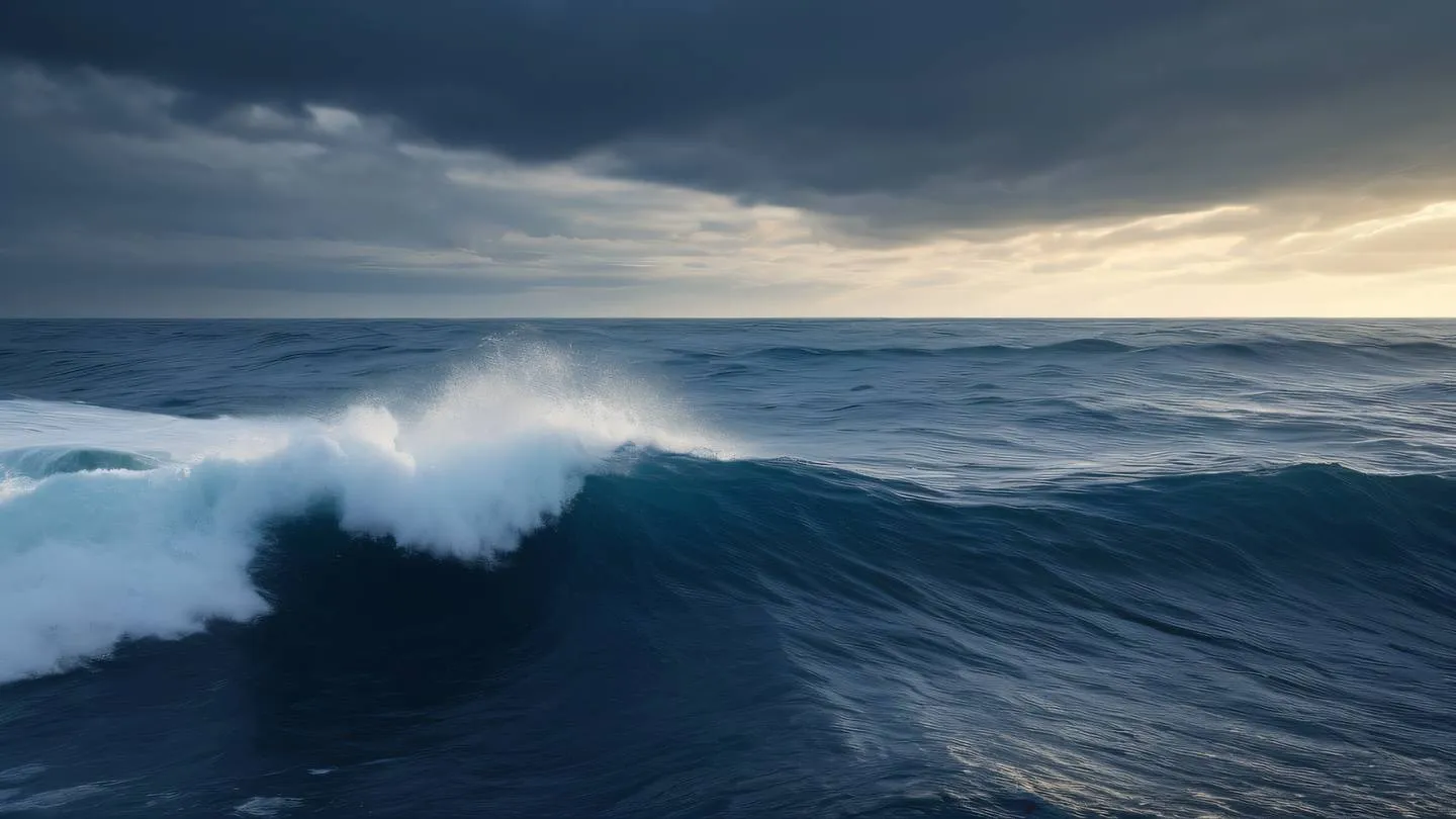 Dramatic seascape with rolling waves and geometric patterns in the sky dark blue and bright white color scheme with golden highlights photographed from a low angle perspective high-quality ultra-realistic cinematic 8K UHD high resolution sharp and detail