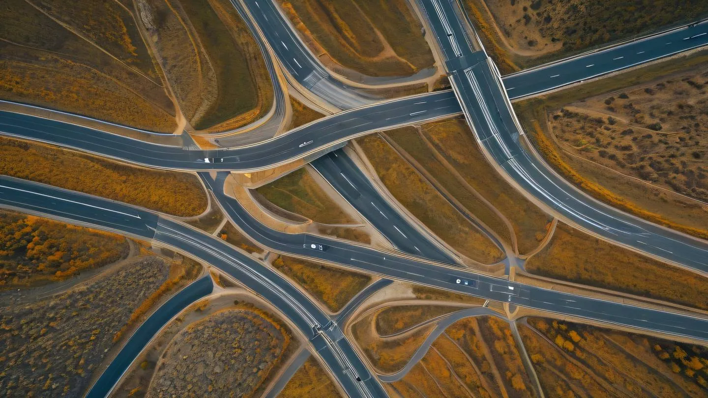 Aerial view of intertwining pathways forming abstract geometric patterns captured from directly above at 90-degree angle colors of amber and stone blue creating contrast between paths surrounded by natural earth tones high-quality ultra-realistic cinematic 8K UHD high resolution sharp and detail