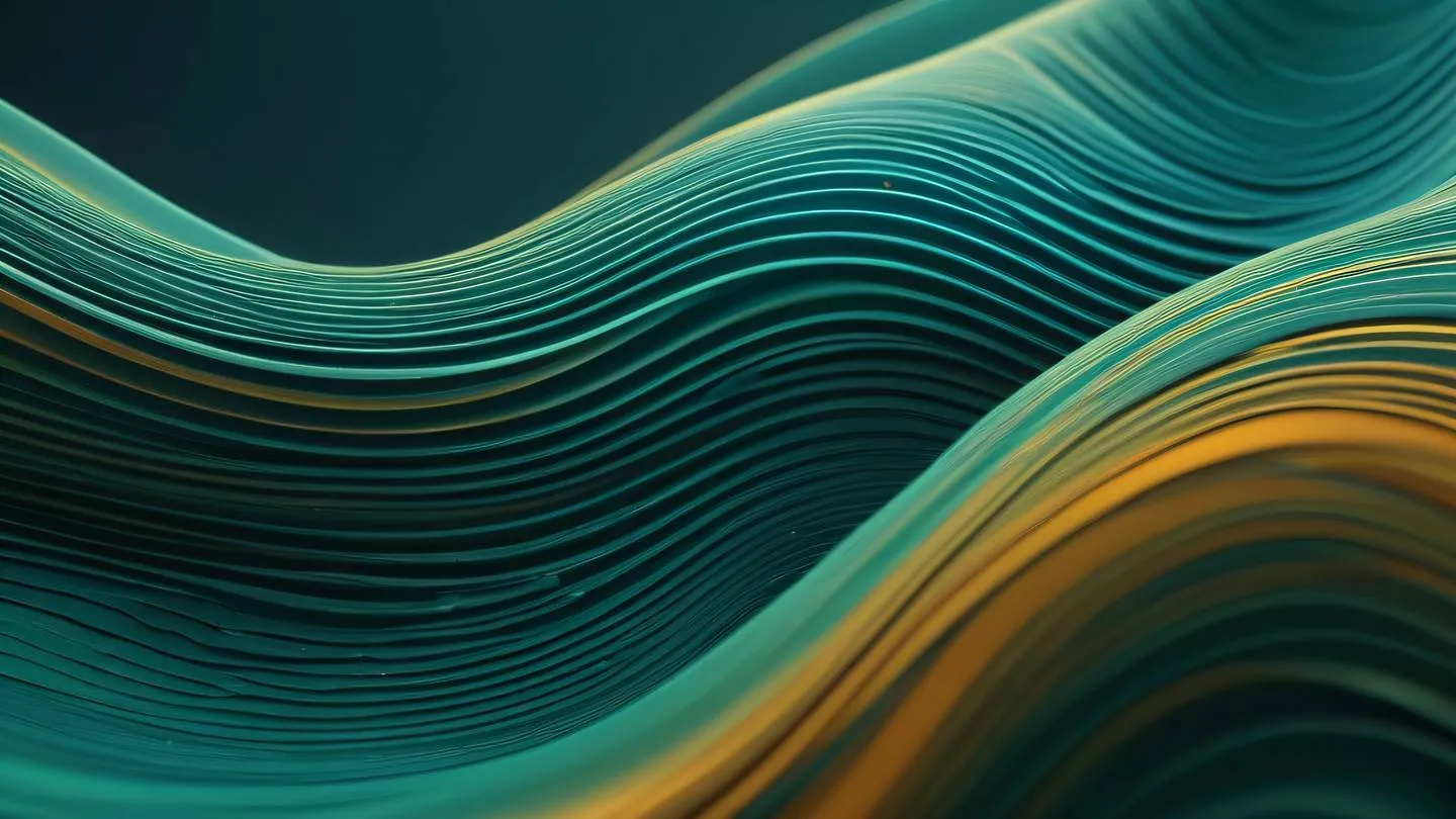 Abstract flowing patterns resembling code architecture viewed from a 45-degree angle featuring seaweed green and stone blue gradients with hints of amber organic curved shapes representing data flow high-quality ultra-realistic cinematic 8K UHD high resolution sharp and detail