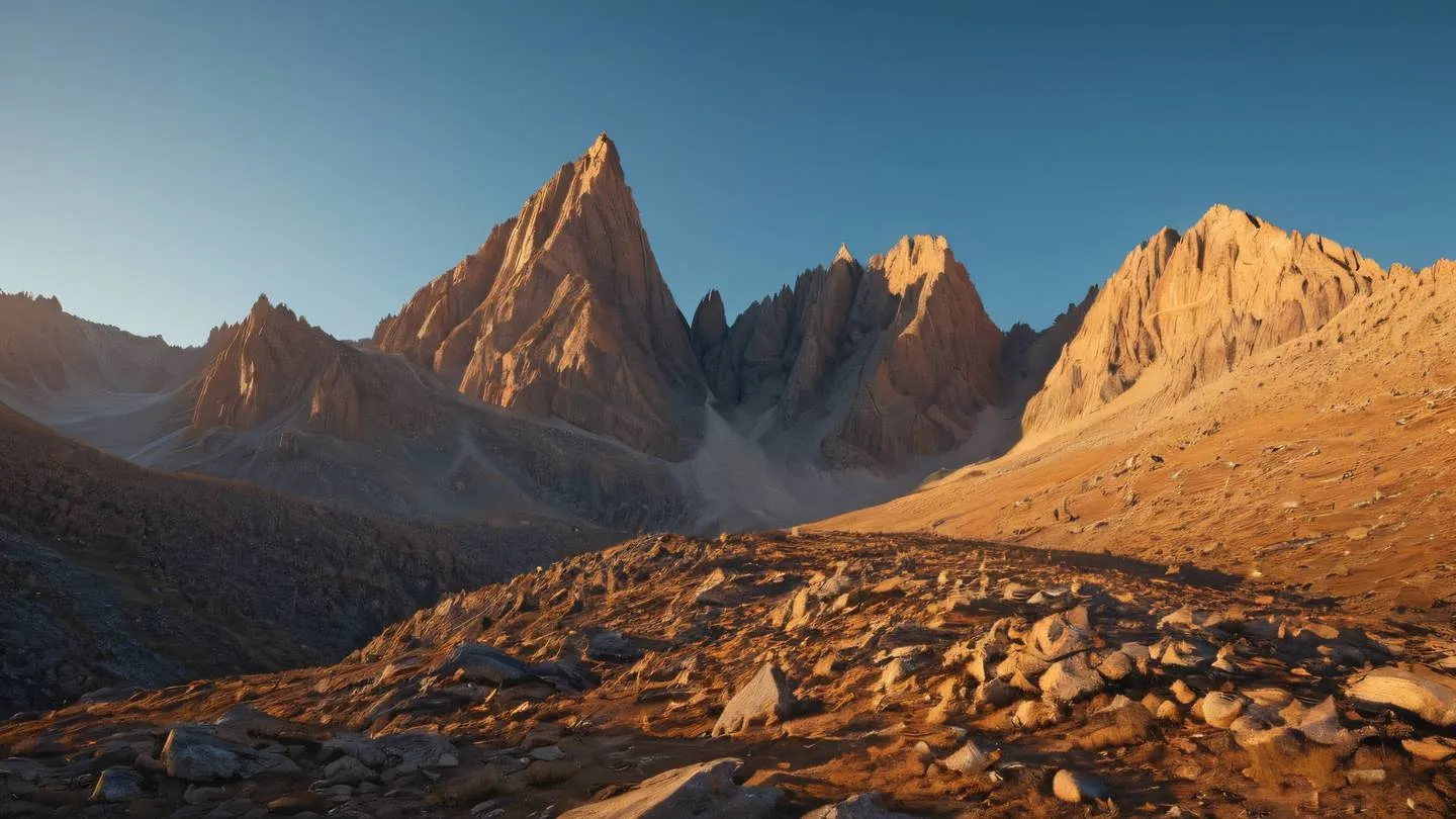 Rocky mountain peaks viewed from a diagonal perspective bathed in warm amber light during golden hour with stone blue sky gradients natural textures and formations highlighted high-quality ultra-realistic cinematic 8K UHD high resolution sharp and detail