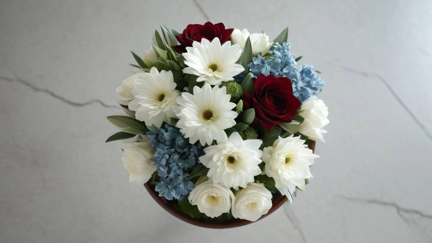 White flower boutique arrangement photographed from slightly above angle featuring maroon and stone blue accents natural lighting emphasizing texture and depth organic composition high-quality ultra-realistic cinematic 8K UHD high resolution sharp and detail