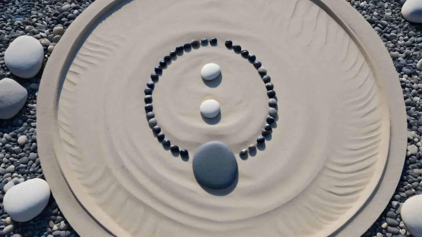 Aerial view of a minimalist zen garden with smooth stones arranged in precise geometric patterns featuring bright white sand and dark indigo stones creating clean lines and circles shot directly from above high-quality ultra-realistic cinematic 8K UHD high resolution sharp and detail