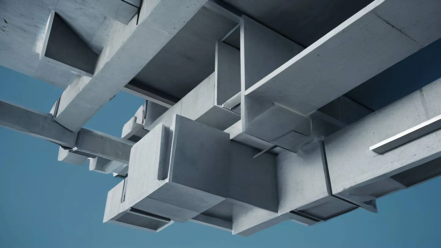 Abstract geometric composition of interconnected concrete blocks and steel beams against a bright dusty blue background floating in space shot from a 45-degree angle high-quality ultra-realistic cinematic 8K UHD high resolution sharp and detail