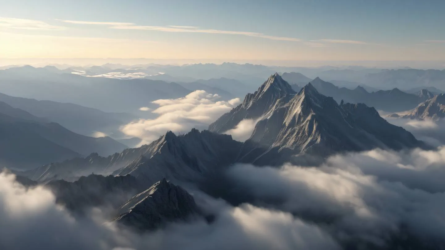 Rocky mountain peaks emerging from a sea of clouds cast in warm grey and white tones with streaks of bright sunlight captured from a side angle with mountains receding into the distance high-quality ultra-realistic cinematic 8K UHD high resolution sharp and detail