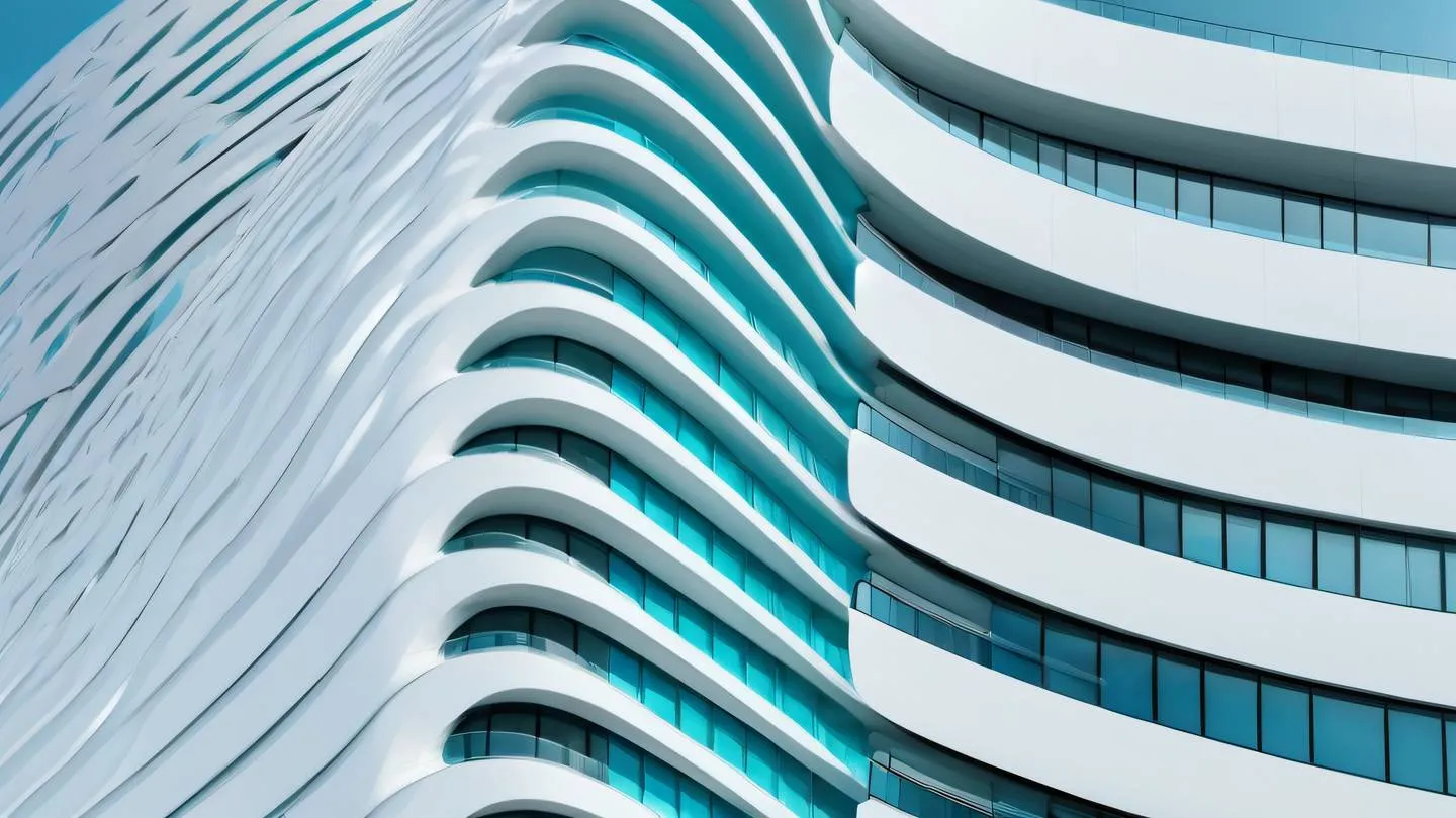 Modern architectural facade with sweeping curves and geometric patterns featuring bright white and turquoise blue gradient colors captured from a low upward angle perspective high-quality ultra-realistic cinematic 8K UHD high resolution sharp and detail