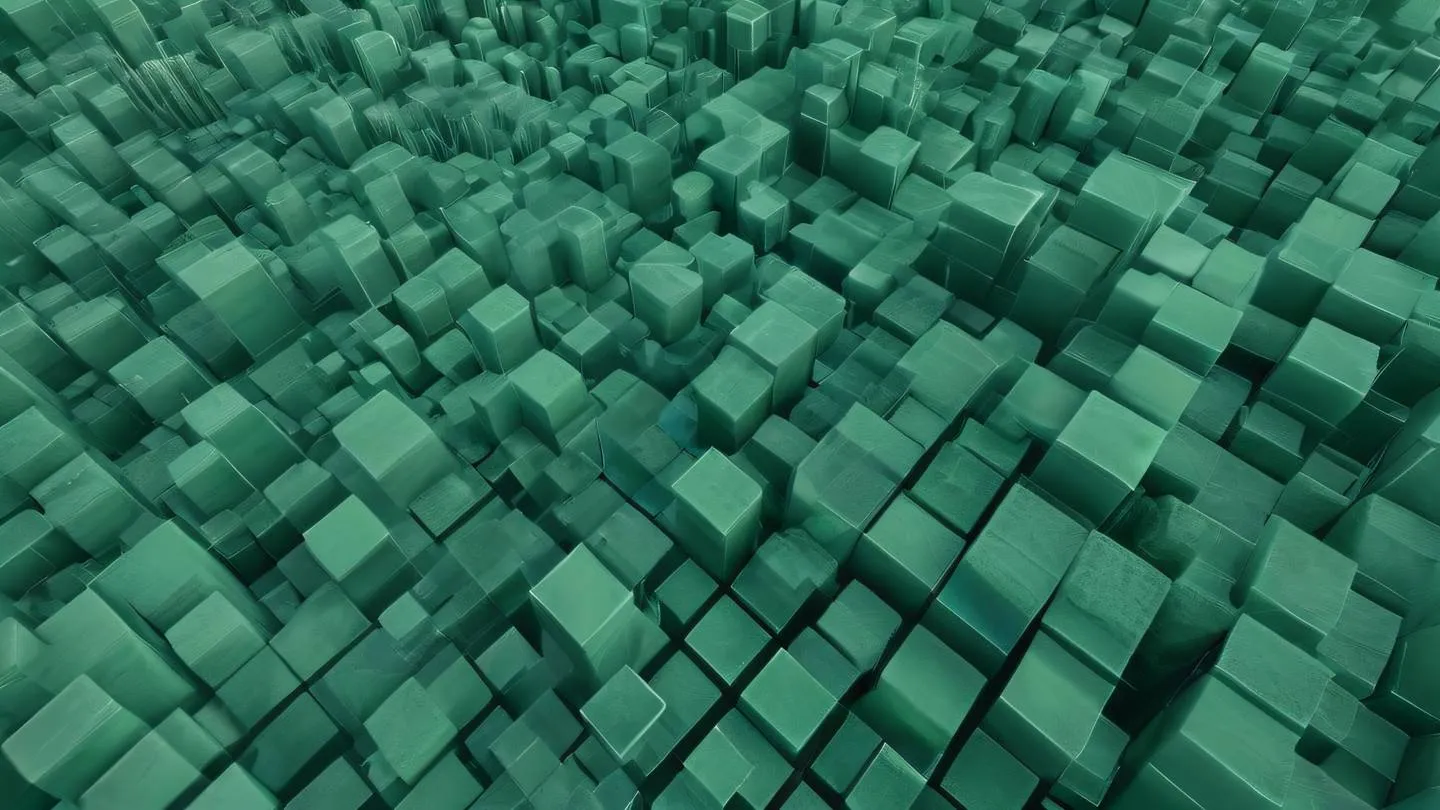 Abstract geometric composition with floating crystalline structures sage green and pine green color palette with gentle transitions captured from a bird's eye view perspective high-quality ultra-realistic cinematic 8K UHD high resolution sharp and detail