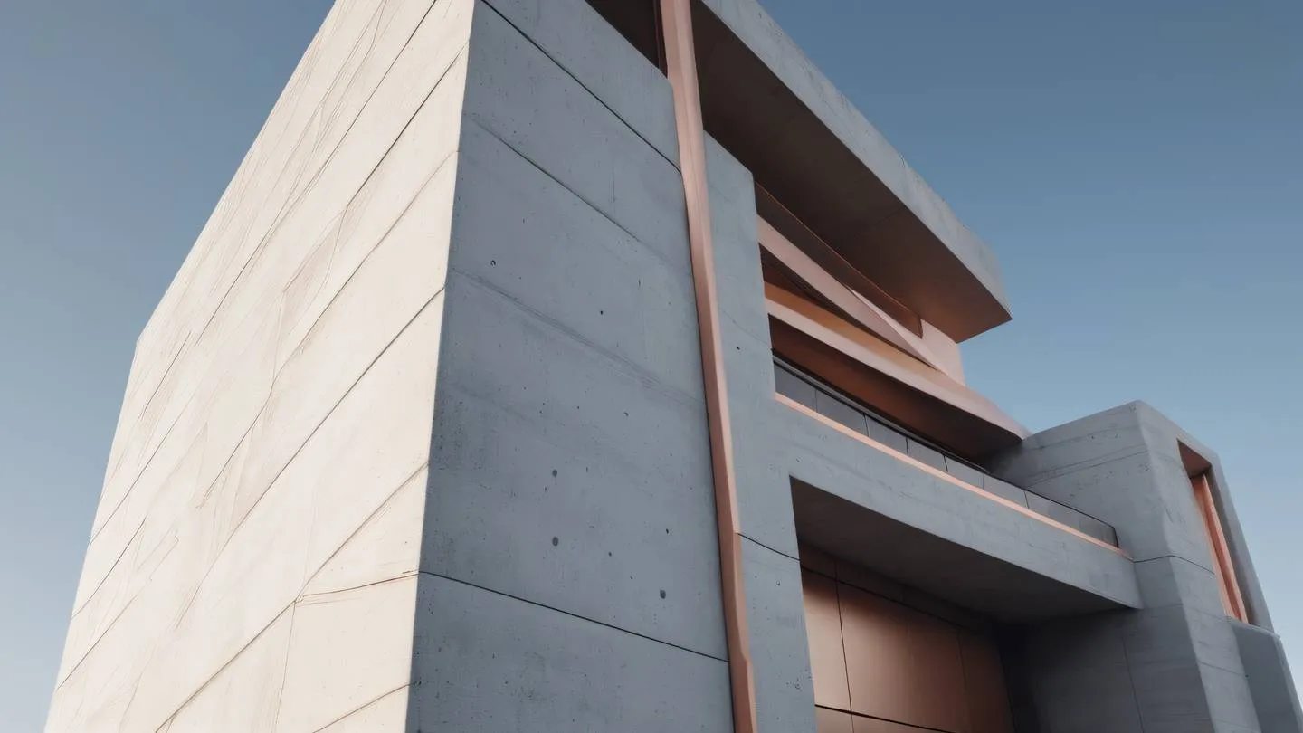 Concrete modern architectural structure with clean lines and bold geometry featuring white and rose gold metallic accents photographed from a dramatic diagonal perspective high-quality ultra-realistic cinematic 8K UHD high resolution sharp and detail