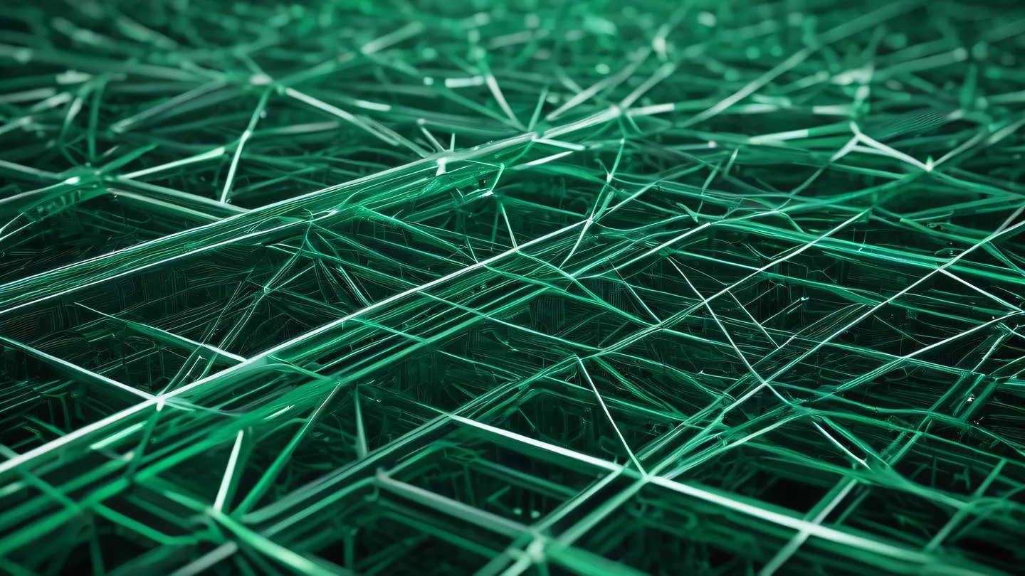 Geometric abstract pattern showing interconnected nodes and pathways in emerald green and silver colors representing network connections and parallel processing photographed from a straight-on perspective high-quality ultra-realistic cinematic 8K UHD high resolution sharp and detail