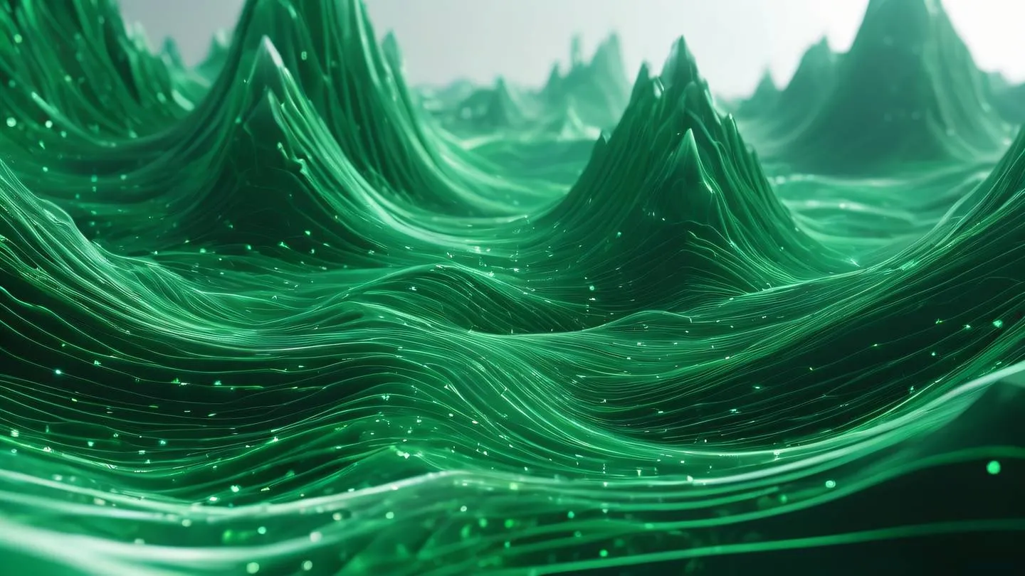 Abstract digital landscape with flowing data streams and crystalline structures in bright emerald green and silver representing data flow patterns high-quality ultra-realistic cinematic 8K UHD sharp and detailed