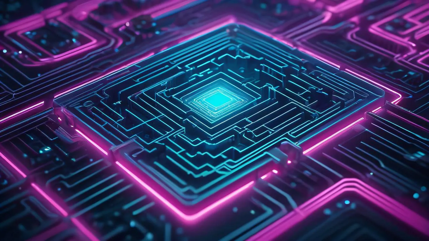 Futuristic circuit patterns forming a maze-like structure with bright cyan and magenta colors flowing through transparent layers high-quality ultra-realistic cinematic 8K UHD sharp and detailed