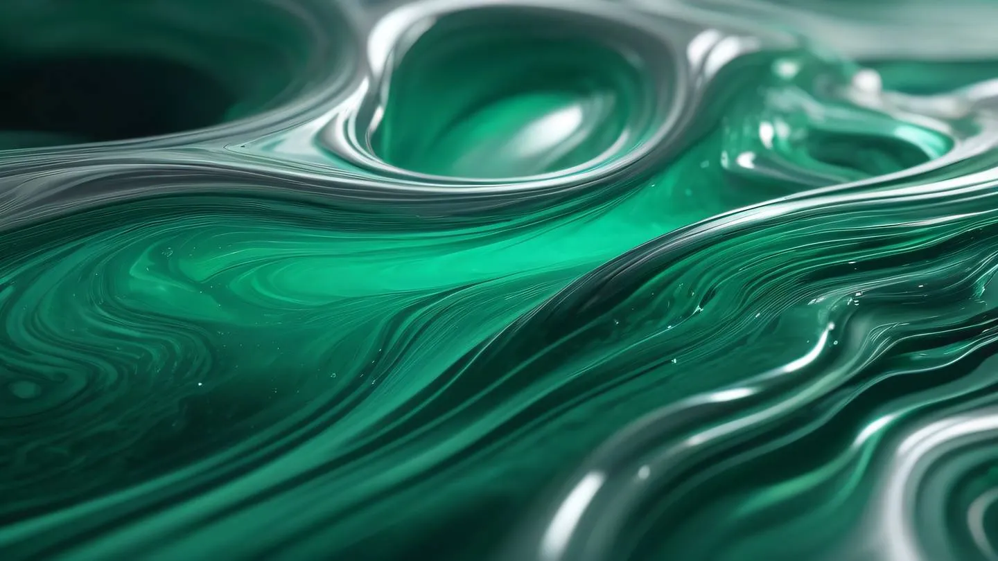 Abstract fluid art with swirling patterns of emerald green and holographic silver representing data flow and connectivity ultra-realistic cinematic 8K UHD high resolution sharp and detail