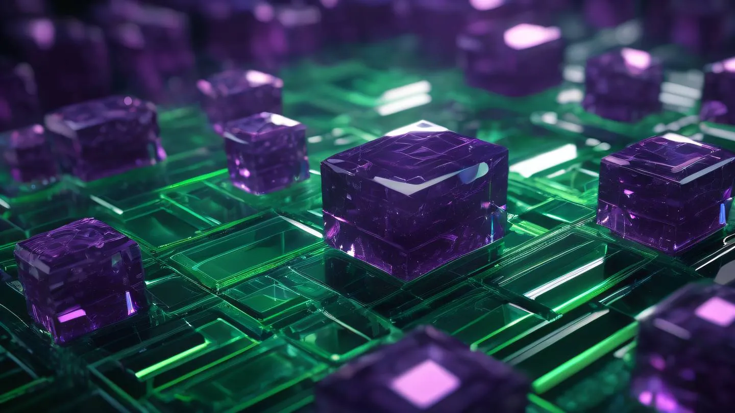 Crystalline gem structures in deep purple and bright green forming interconnected patterns representing database architecture high-quality ultra-realistic cinematic 8K UHD high resolution sharp and detail