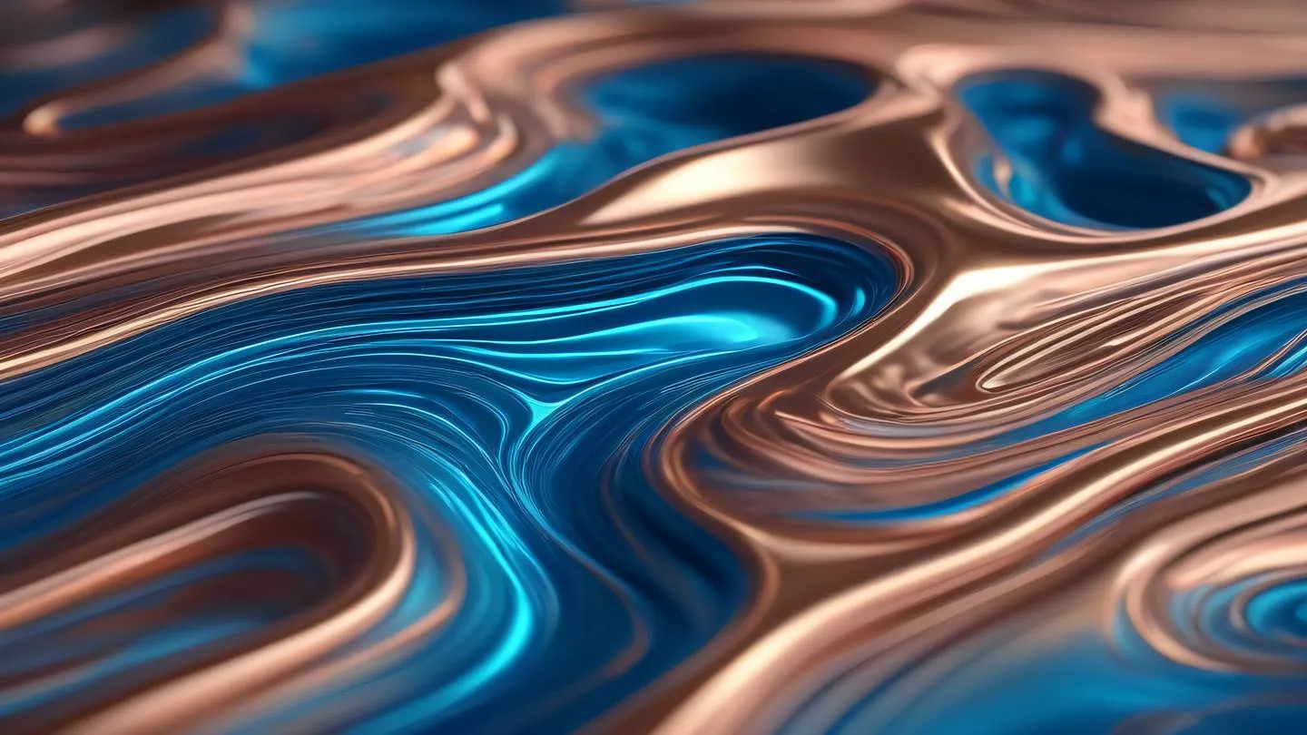 Flowing liquid metal texture in holographic rose gold and electric blue creating abstract database connection patterns high-quality ultra-realistic cinematic 8K UHD high resolution sharp and detail