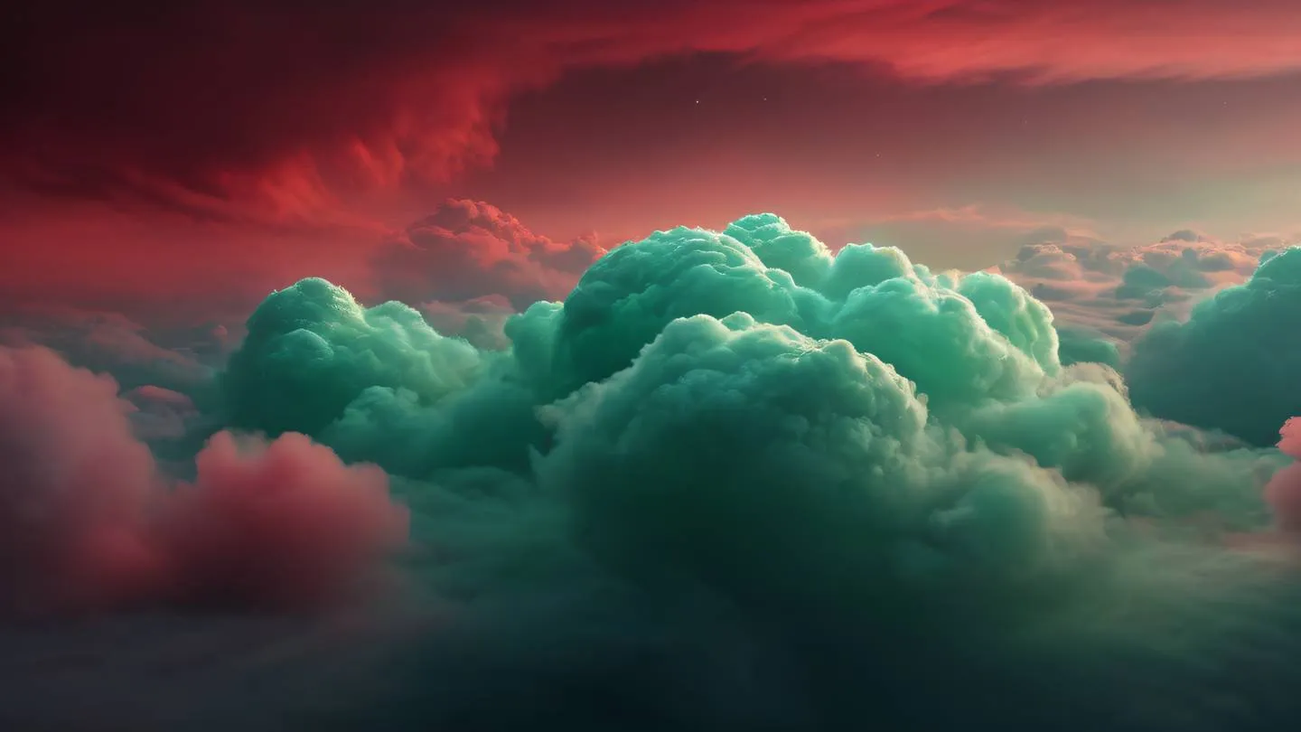 Nebulous cloud formations in bright ruby red and emerald green forming dynamic data flow patterns ultra-realistic cinematic 8K UHD high resolution sharp and detail