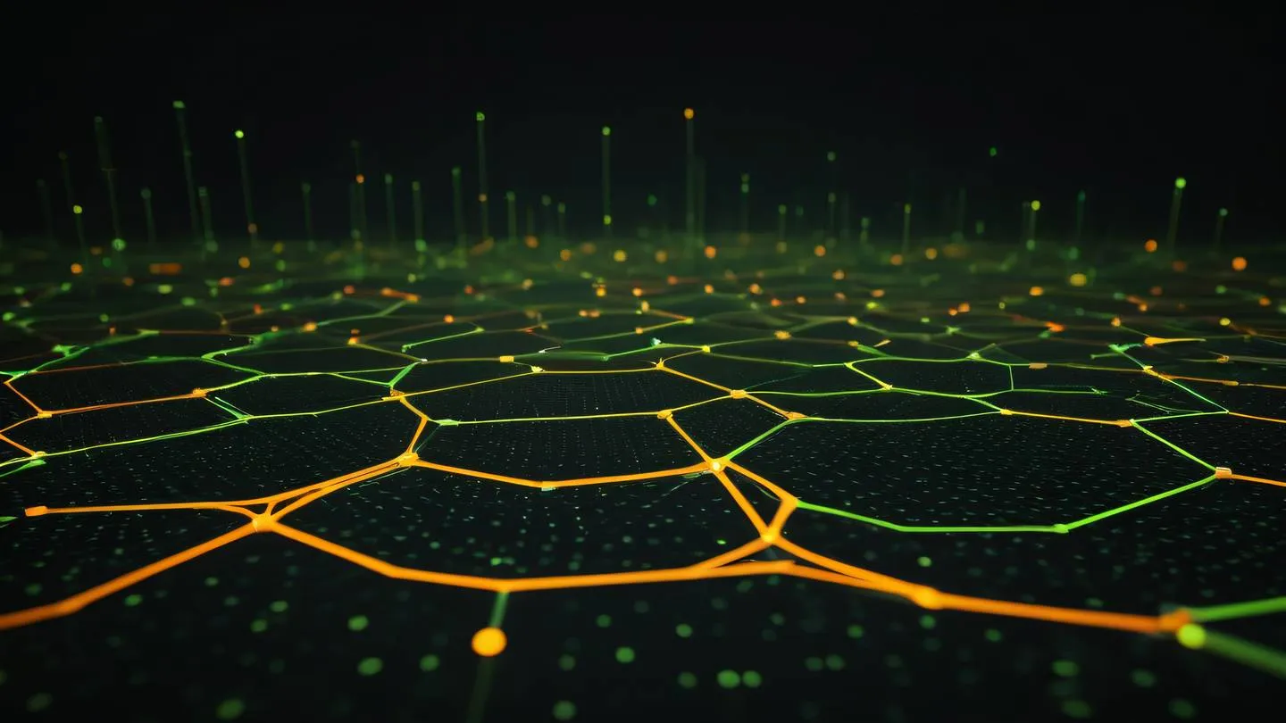 Abstract geometric patterns representing database connections featuring flowing lines and dots in bright orange and lime green colors against a dark background ultra-realistic cinematic 8K sharp and detailed