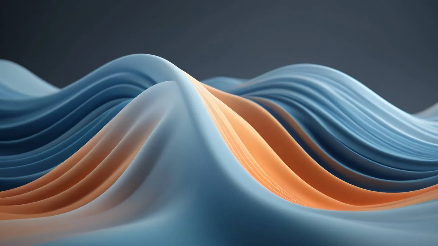 Flowing abstract waves in gradient gray-blue and pale orange colors representing data flow and transformation high-quality ultra-realistic cinematic 8K UHD high resolution