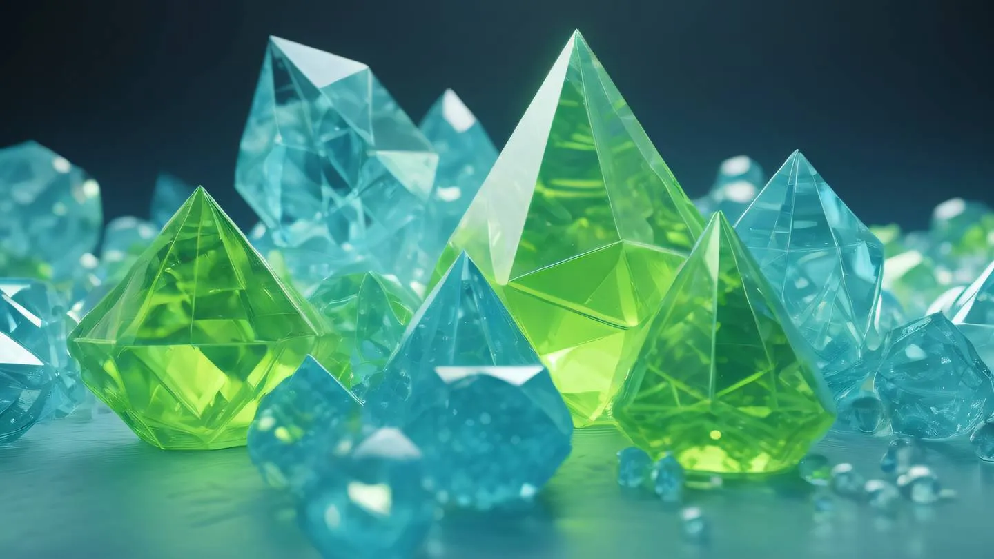 Geometric crystalline structures in bright lime and pale blue colors representing data organization and structure high-quality ultra-realistic cinematic 8K UHD