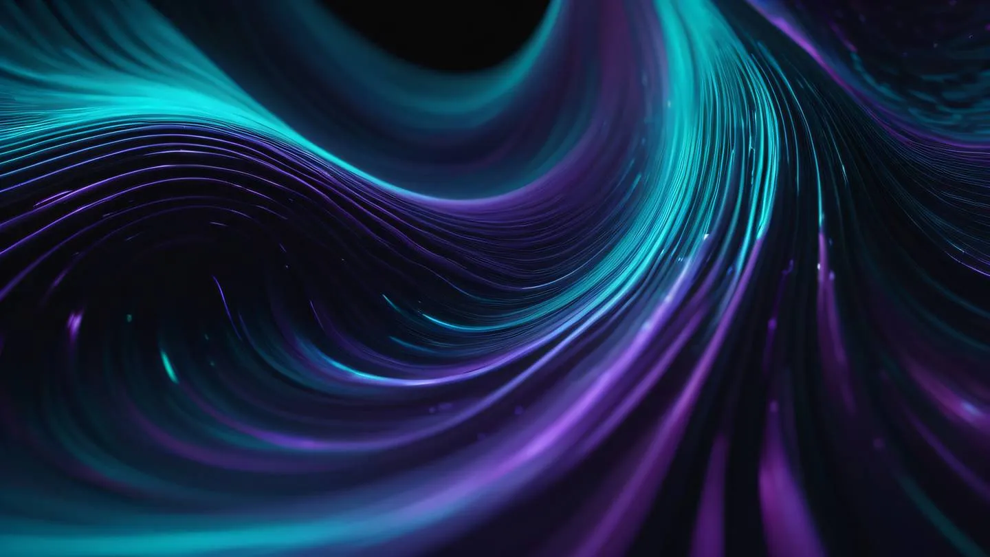 Abstract fluid waves representing data flow with metallic teal and holographic purple colors swirling together against a dark background high-quality ultra-realistic cinematic 8K UHD high resolution sharp and detail