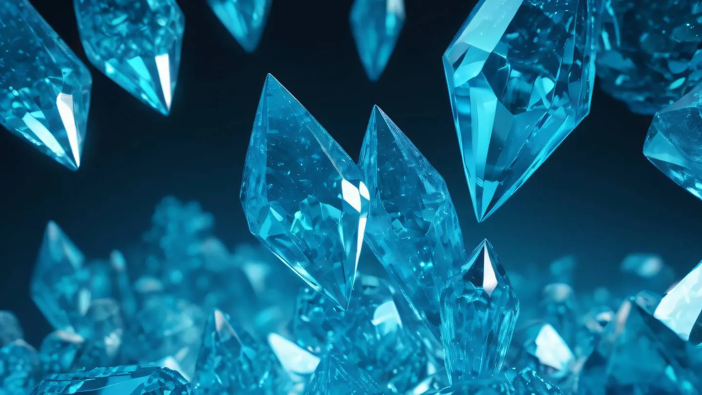 Floating geometric crystals in vivid cyan and electric blue colors arranged in a flowing pattern symbolizing optimization and efficiency high-quality ultra-realistic cinematic 8K UHD high resolution sharp and detail