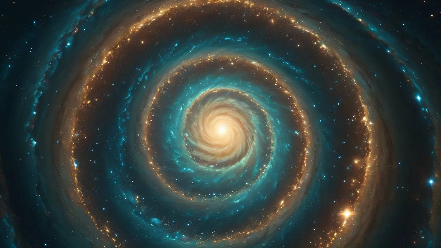 Spiral galaxy formation in holographic rainbow colors with prominent streaks of gold and teal representing infinite possibilities high-quality ultra-realistic cinematic 8K UHD high resolution sharp and detail