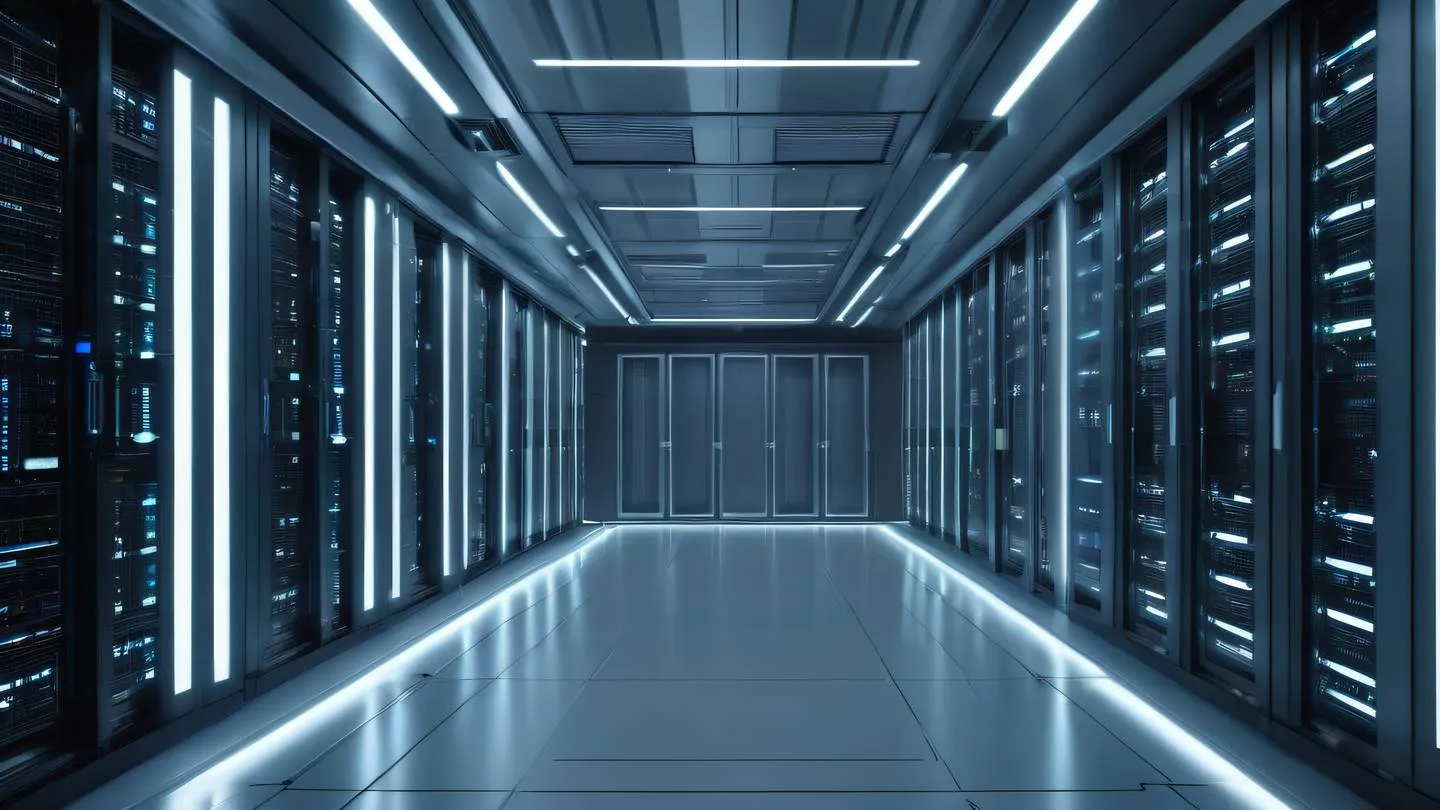 A futuristic database server room with glowing circuit patterns metallic silver and bright zinc structures interconnected with streams of light ultra-realistic cinematic 8K UHD high resolution sharp and detail