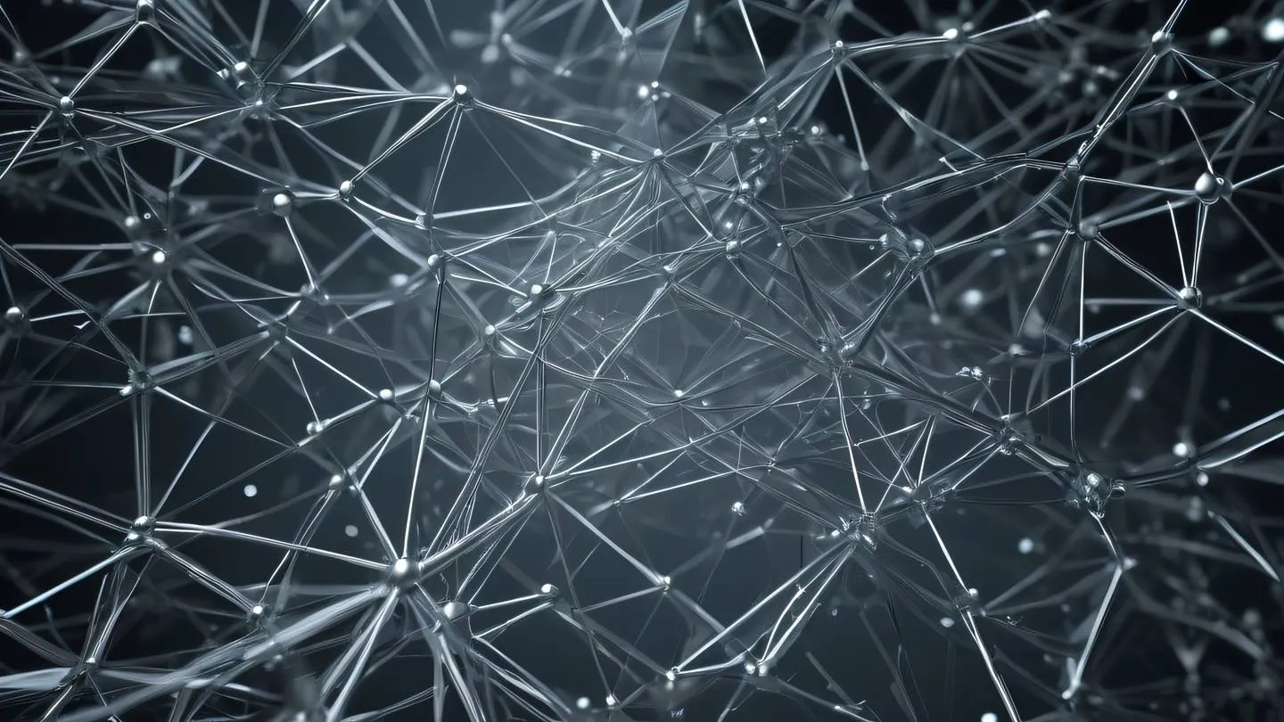 Abstract geometric network of bright silver and neutral colored nodes floating in space with interconnected pathways forming a complex mesh high-quality ultra-realistic cinematic 8K UHD high resolution sharp and detail