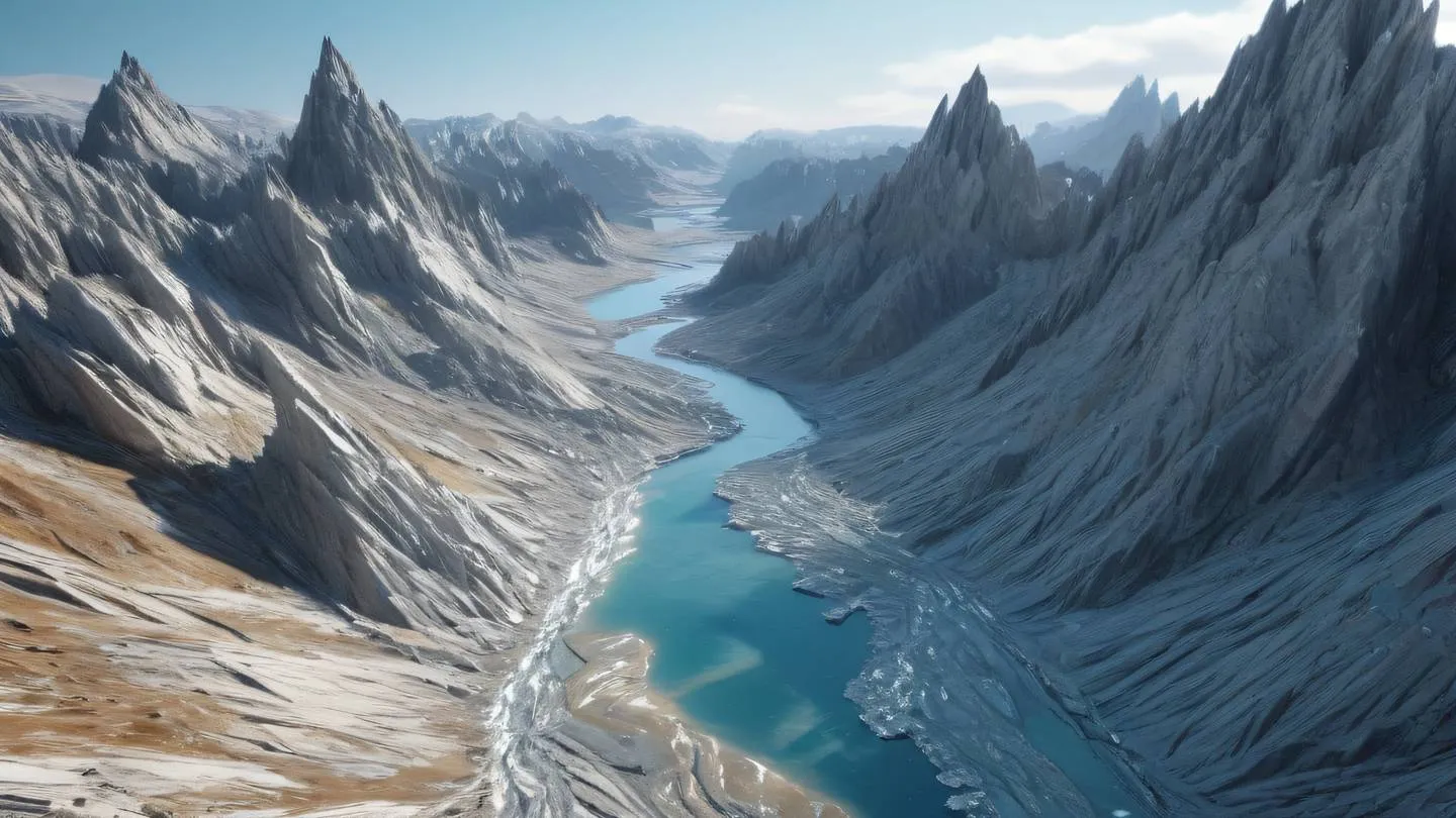 A geometric landscape of crystalline structures in bright zinc and stone colors with data streams flowing between peaks like rivers ultra-realistic cinematic 8K UHD high resolution sharp and detail