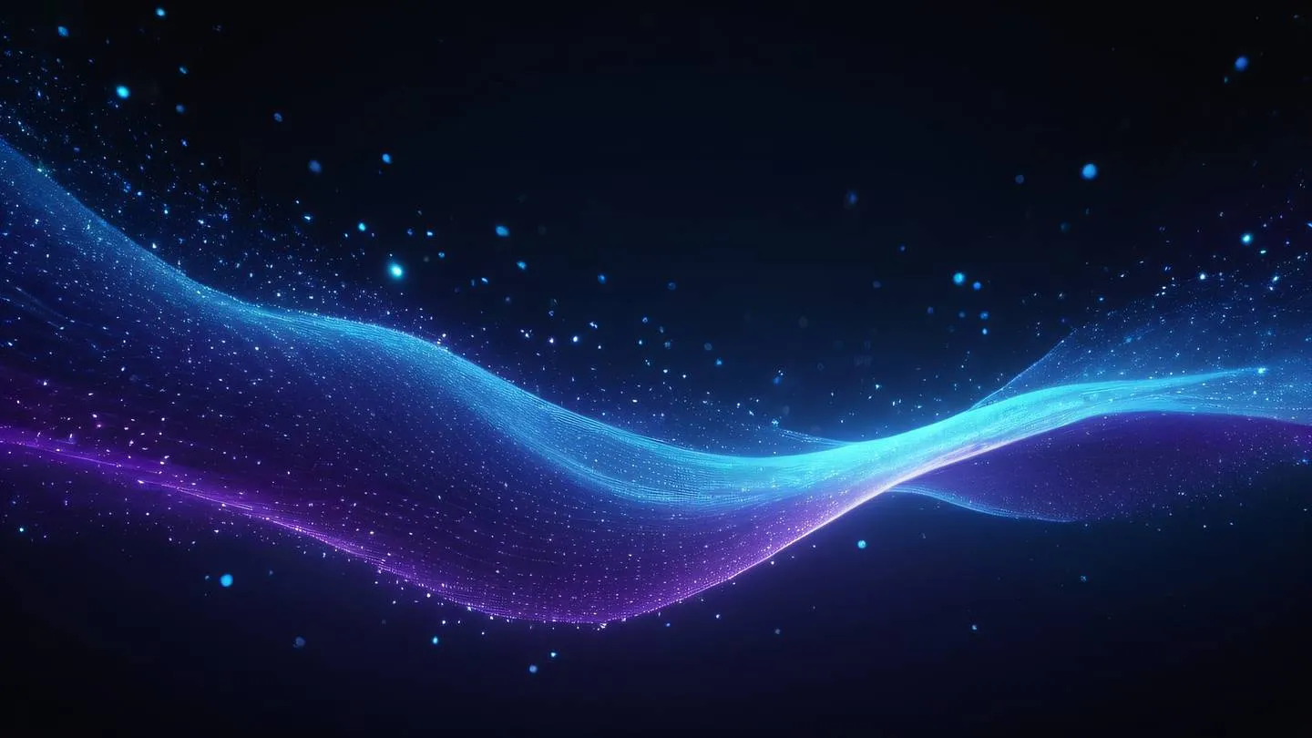 A futuristic data stream visualization showing flowing streams of blue and purple light particles against a dark background depicting data flow in an abstract way high-quality ultra-realistic cinematic 8K UHD high resolution sharp and detail