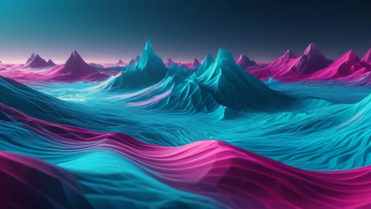 Abstract digital landscape with flowing geometric patterns in vivid cyan and magenta colors representing data streams flowing through crystalline structures high-quality ultra-realistic cinematic 8K UHD high resolution sharp and detail