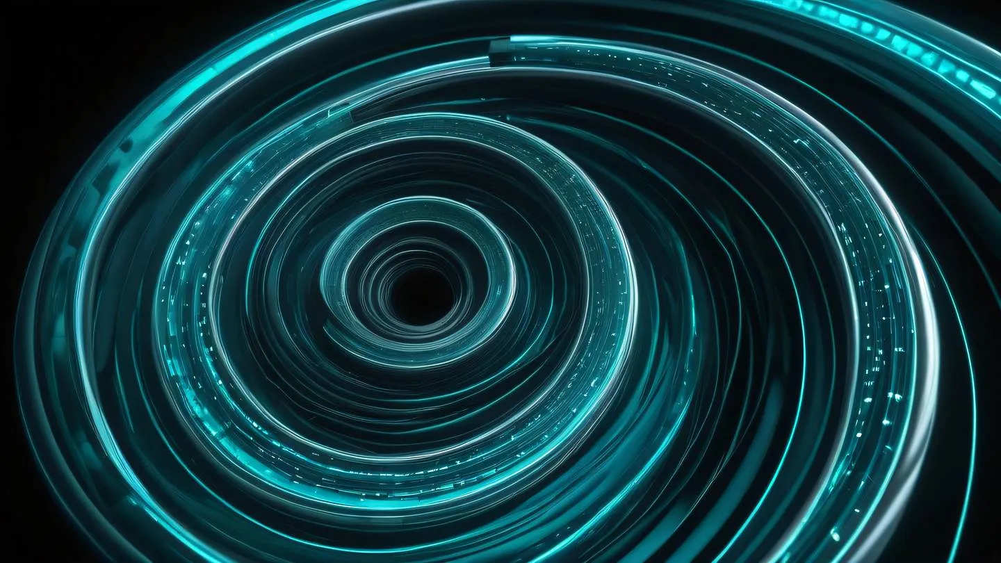 Abstract flowing data streams visualization with metallic silver and vivid cyan ribbons intertwining in a spiral pattern against a dark background representing JSON data flow ultra-realistic cinematic 8K UHD high resolution sharp and detail