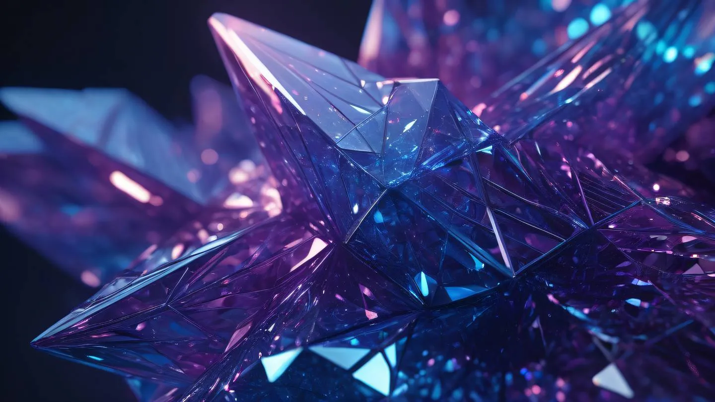 Crystalline geometric structure with shimmering blue and purple facets representing data organization abstract visualization of database structure high-quality ultra-realistic cinematic 8K UHD high resolution sharp and detail