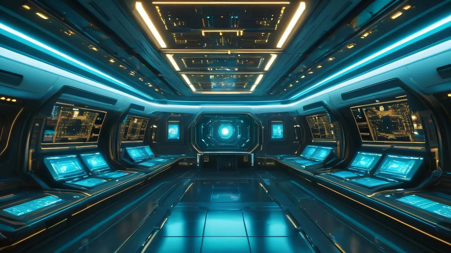 Futuristic space station interior with vivid holographic displays floating in zero gravity showing streaming data particles in bright teal and gold colors high-quality ultra-realistic cinematic 8K UHD high resolution sharp and detail