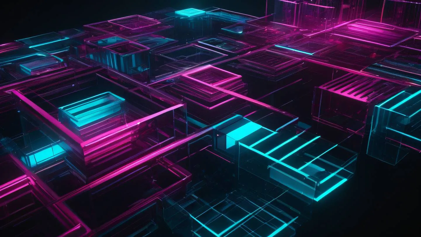 Abstract geometric patterns representing interconnected components with bright cyan and fuchsia crystalline structures floating in a dark space ultra-realistic cinematic 8K UHD high resolution sharp and detail