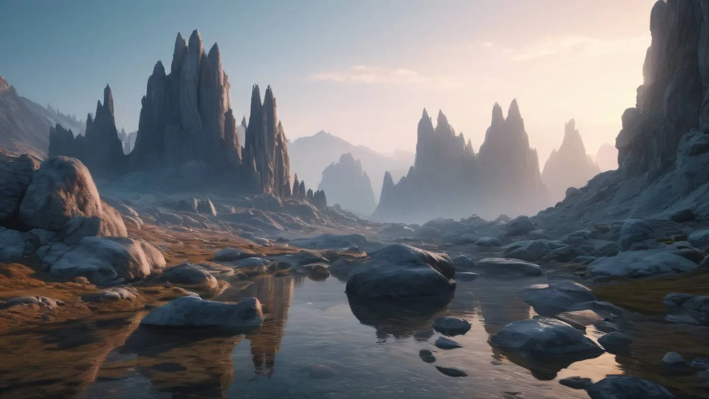 Crystalline rock formations in a misty landscape with iridescent reflections catching light featuring bright stone-colored peaks against a glowing sky high-quality ultra-realistic cinematic 8K UHD high resolution sharp and detail