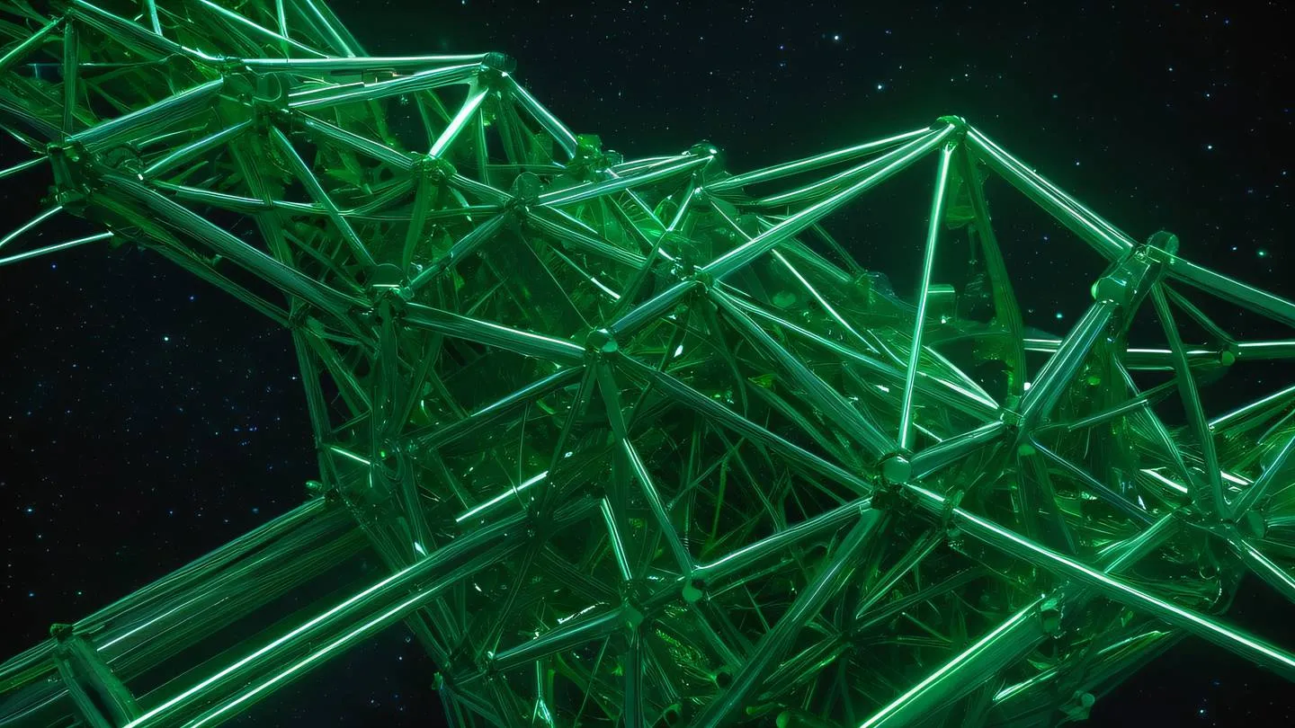 Geometric patterns forming a unified structure with bright green crystalline shapes interconnecting in a harmonious arrangement against a deep space background high-quality ultra-realistic cinematic 8K UHD high resolution sharp and detail