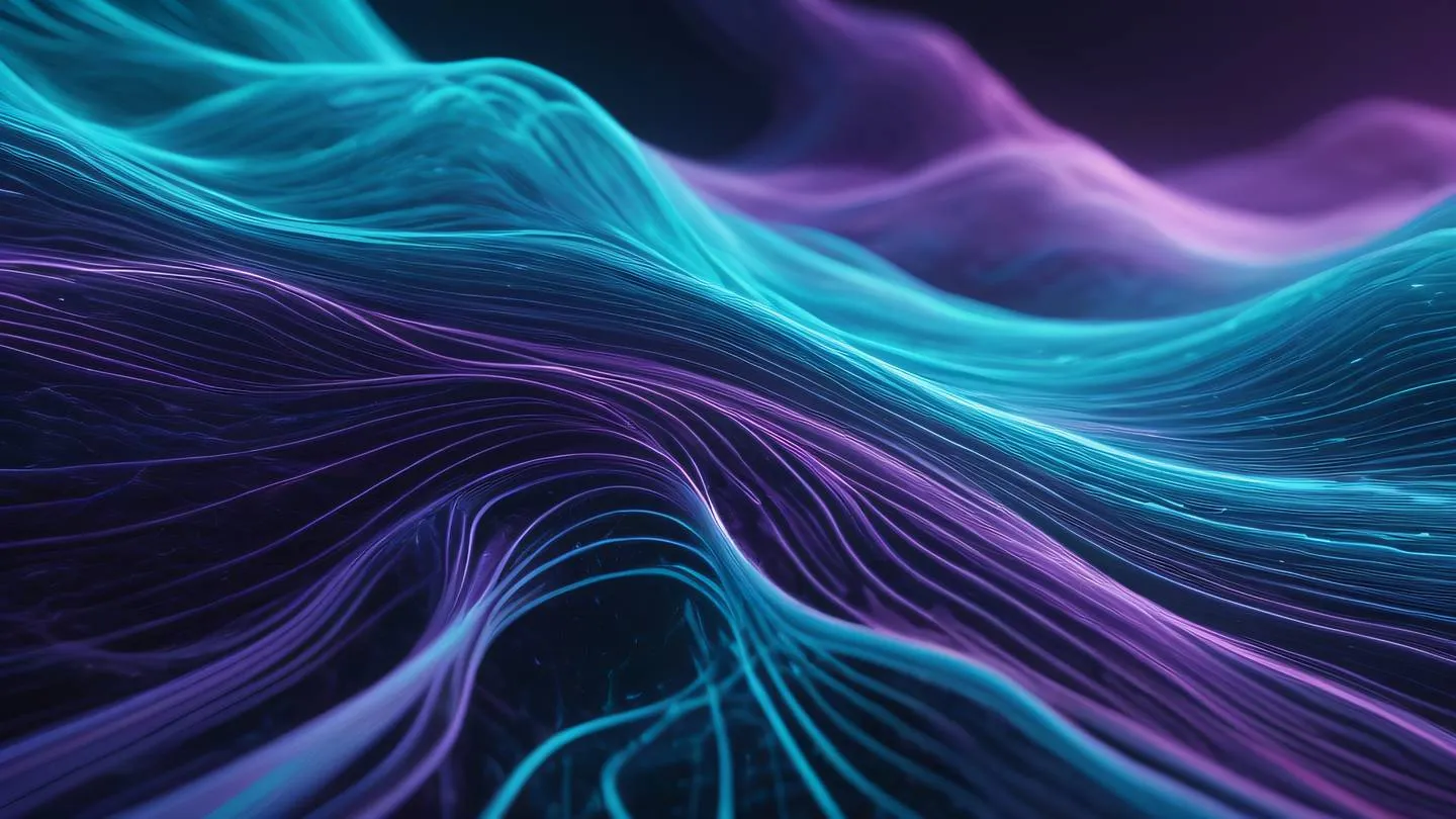 Organic flowing patterns resembling natural circuits with bright cyan and violet energy streams weaving through transparent layers creating a sense of depth and movement high-quality ultra-realistic cinematic 8K UHD high resolution sharp and detail