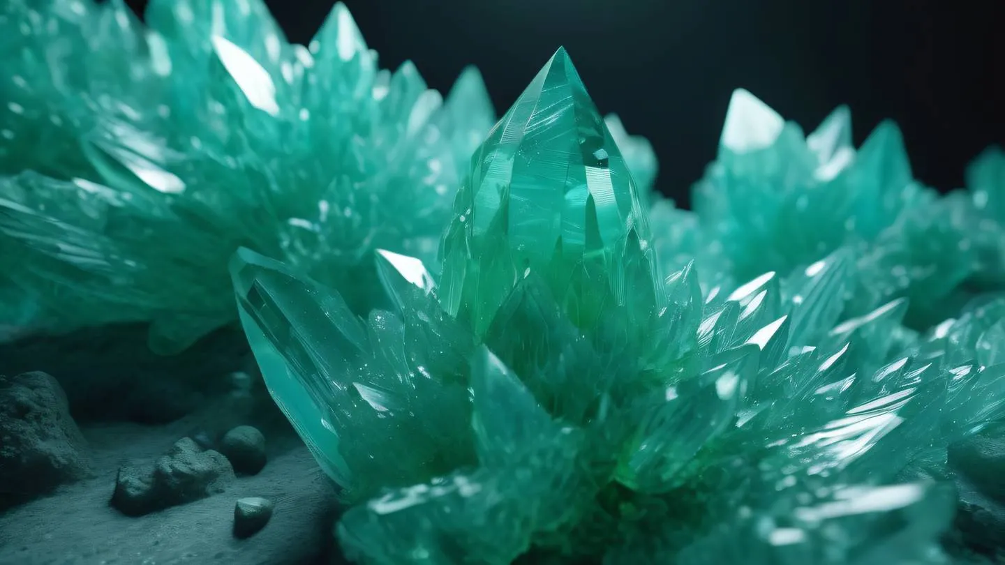 Crystal formations in natural patterns with bright green and cyan colors blending harmoniously creating a serene and balanced composition with geometric elements high-quality ultra-realistic cinematic 8K UHD high resolution sharp and detail