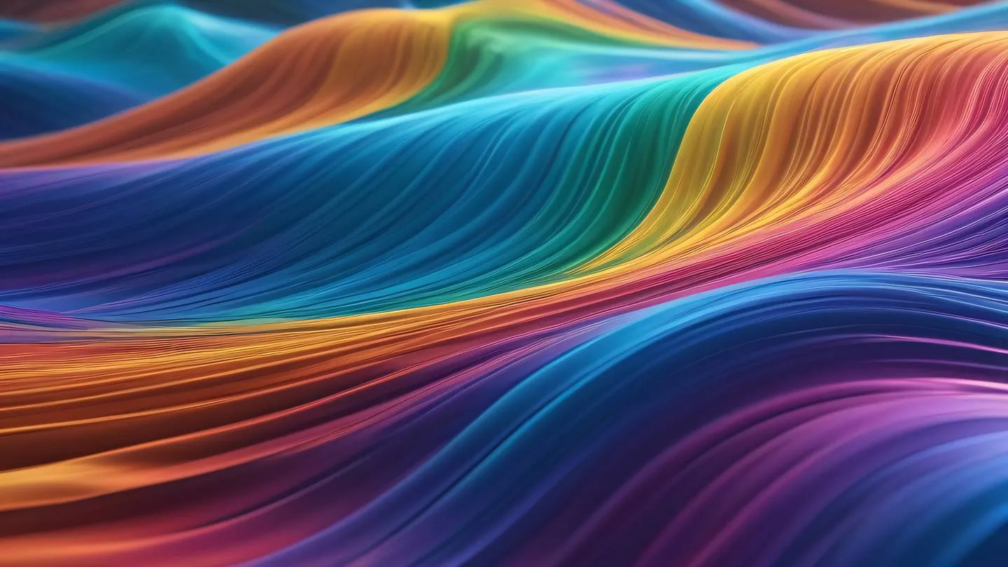 Vibrant abstract waves in metallic rainbow colors flowing through a pristine landscape suggesting harmony and continuous movement high-quality ultra-realistic cinematic 8K UHD high resolution sharp and detail