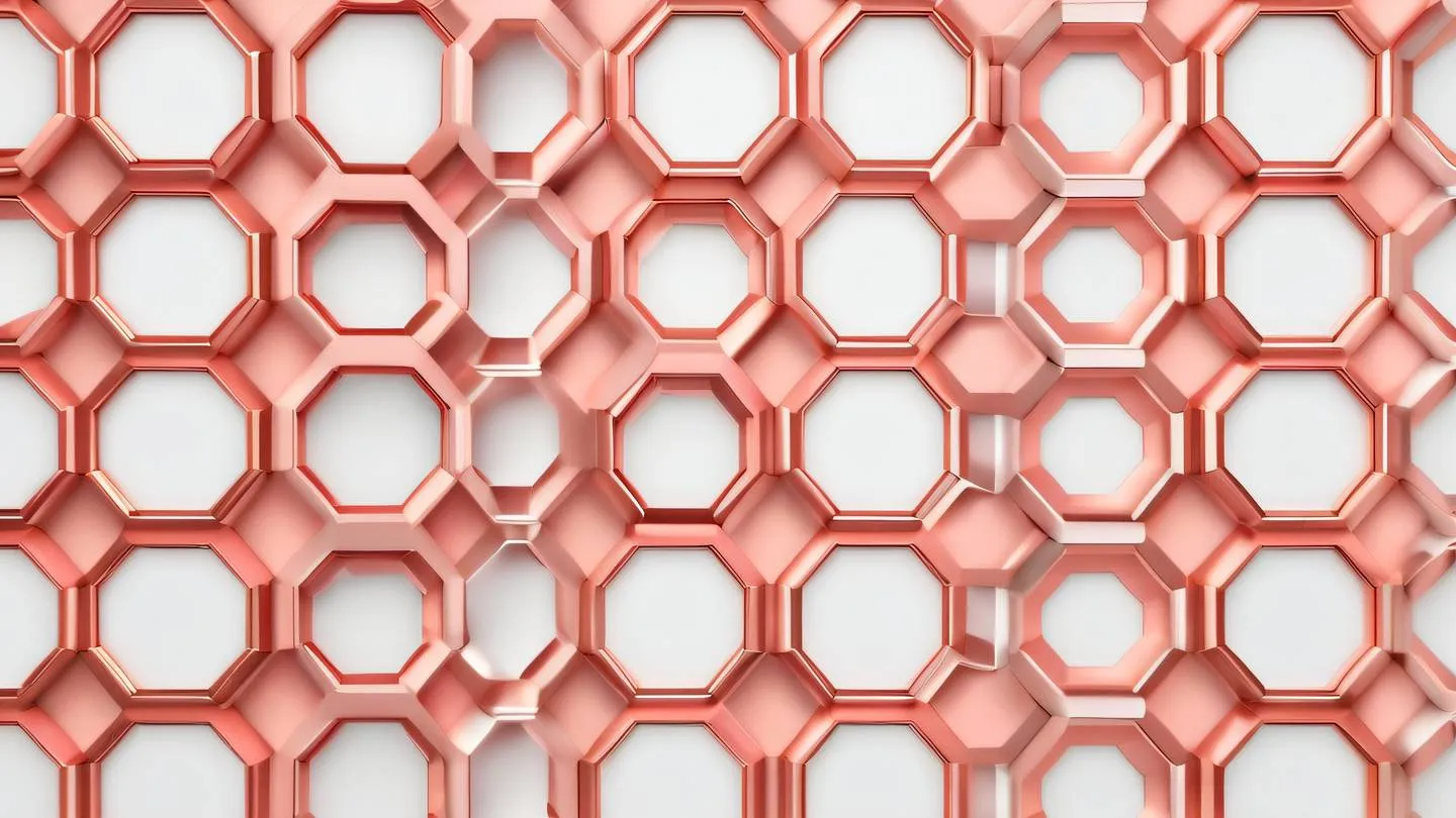 A modern minimalist geometric pattern with interlocking hexagons and circles featuring bright coral pink peach and soft rose gold colors against a white background high-quality ultra-realistic cinematic 8K UHD high resolution sharp and detail