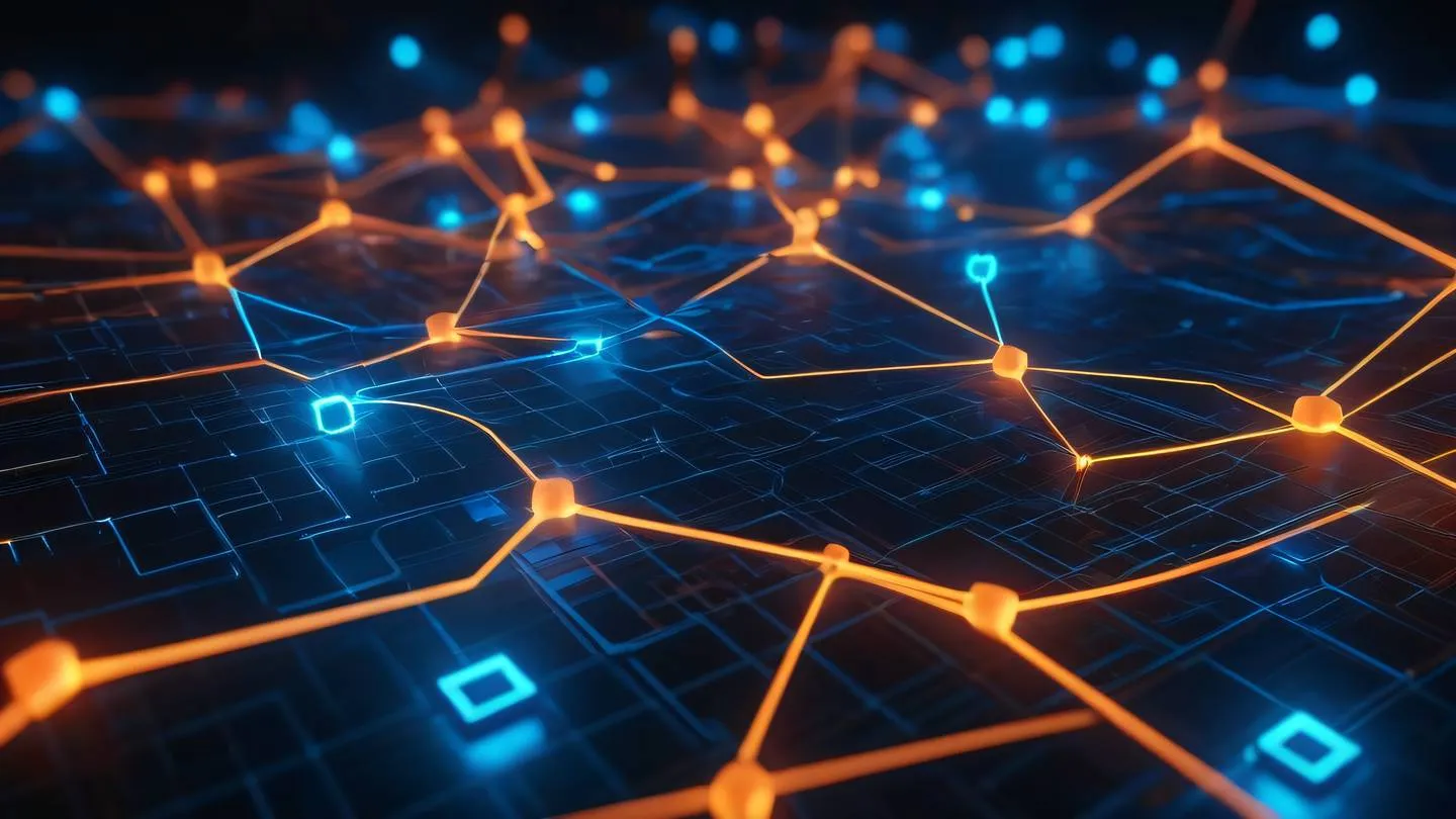 Abstract 3D render of interconnected geometric shapes representing software testing patterns glowing neon orange and electric blue energy flows between nodes ultra-realistic cinematic lighting 8K sharp details high resolution