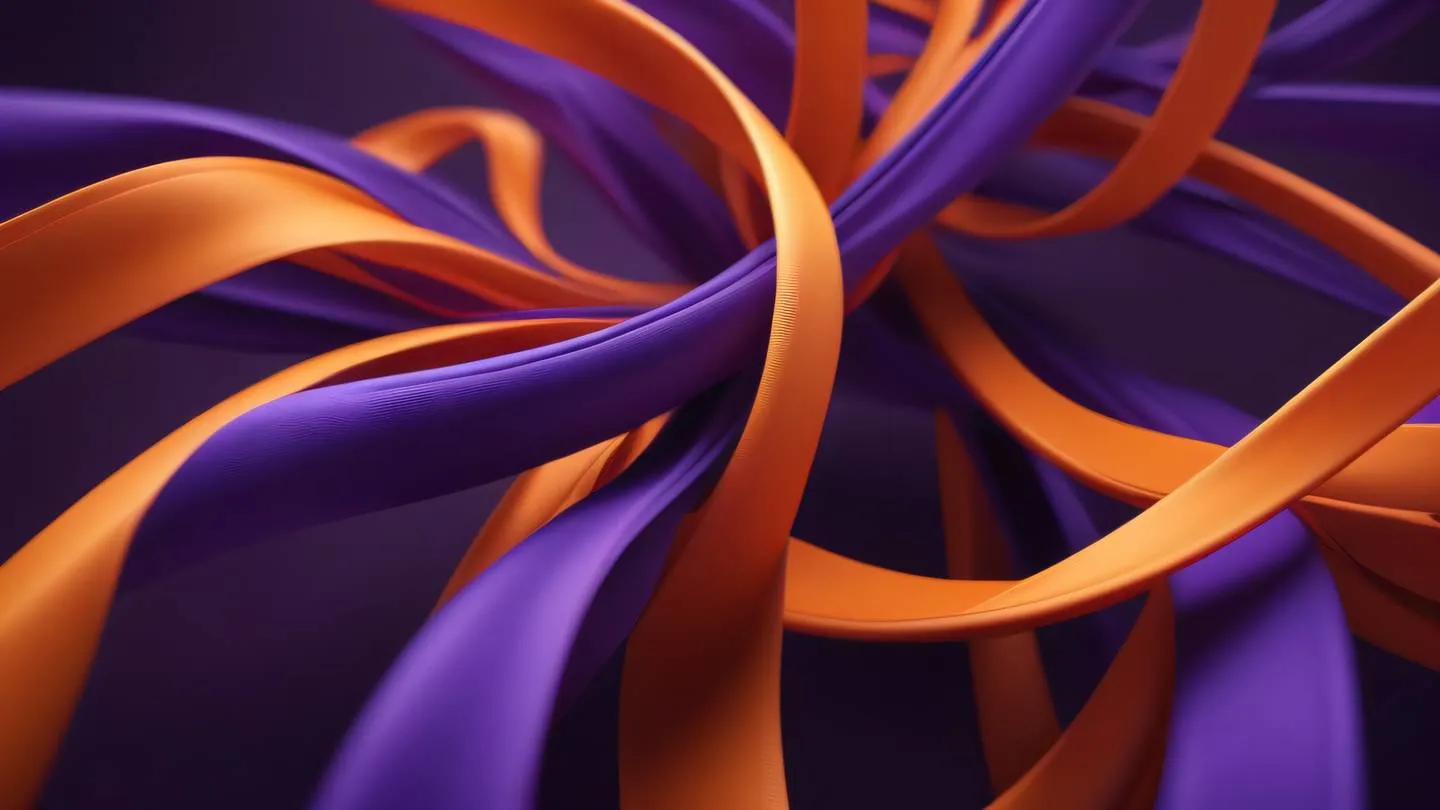 Flowing abstract composition of intertwined ribbons in bright orange and vivid purple representing the concept of software integration and data flow high-quality ultra-realistic cinematic 8K UHD high resolution