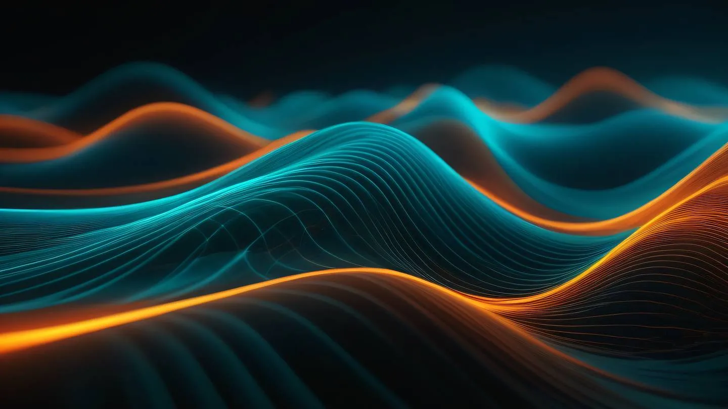 Dynamic abstract waves in bright neon orange and turquoise flowing through a dark space like data streams representing continuous integration and testing processes ultra-realistic cinematic 8K UHD high resolution