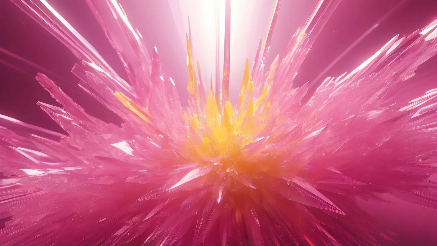 An ethereal abstract composition featuring floating crystalline structures in bright pink and yellow hues with light rays creating a peaceful and organized atmosphere suggesting harmony and structure high-quality ultra-realistic cinematic 8K UHD high resolution sharp and detail