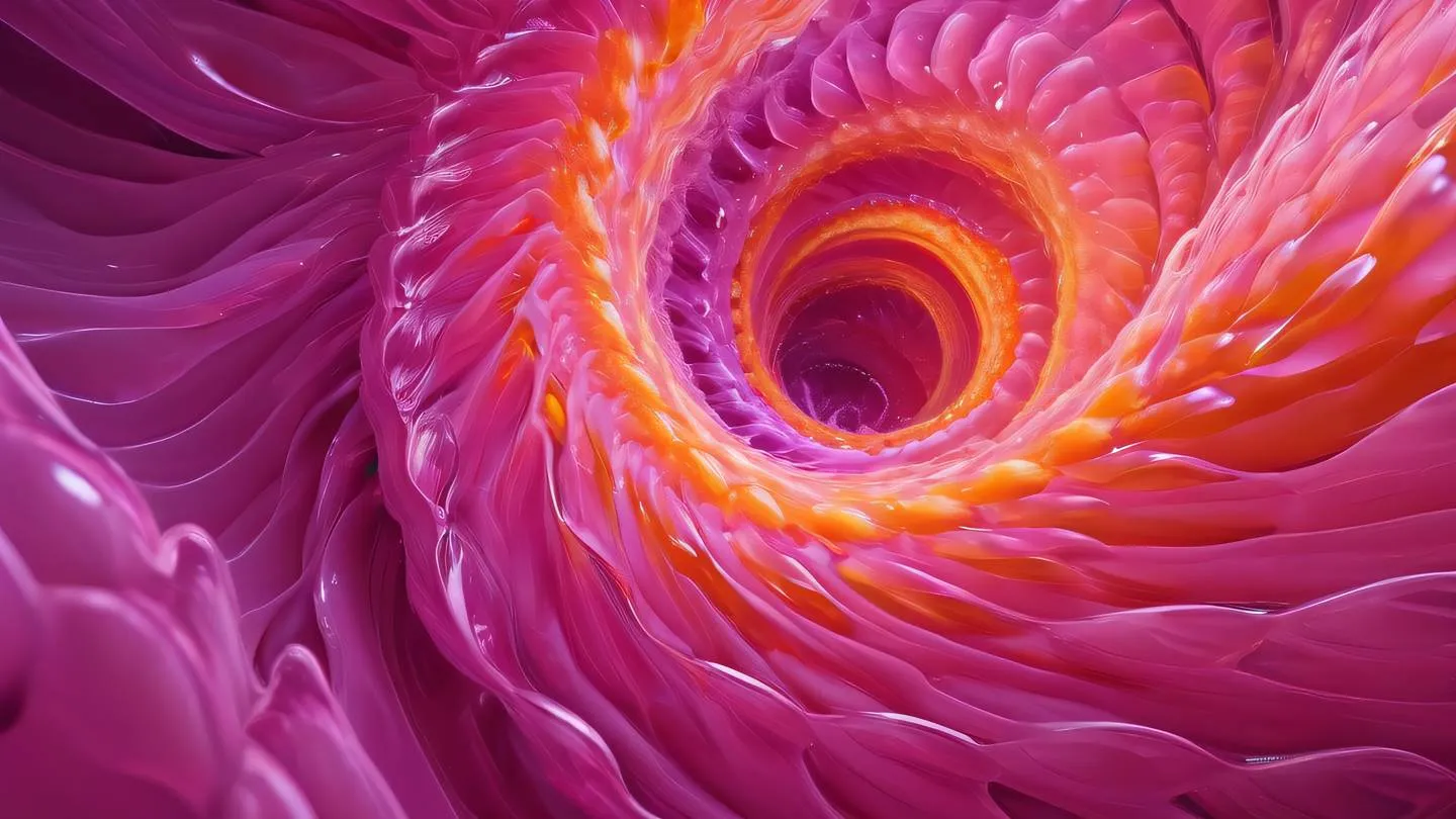 Spiral patterns of flowing liquid in bright pink and orange creating abstract crystalline formations with touches of purple light high-quality ultra-realistic cinematic 8K UHD high resolution sharp and detail