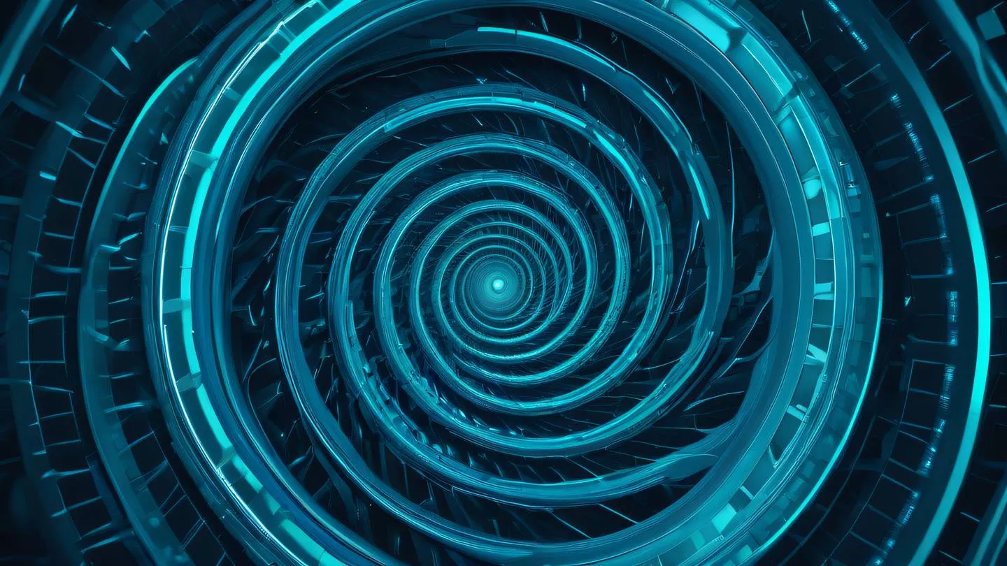 A dynamic abstract digital art composition representing testing patterns and cycles featuring interconnected geometric shapes in vibrant teal electric blue and bright cyan flowing in spiral patterns against a deep indigo background high-quality ultra-realistic cinematic 8K UHD high resolution sharp and detail